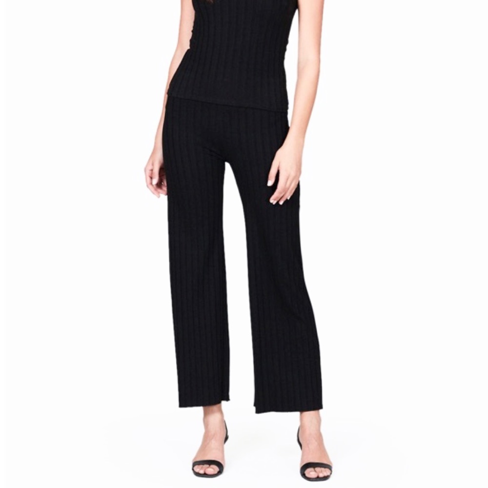 LETT Biarritz Ribbed Wide Leg Ankle Pants in Black